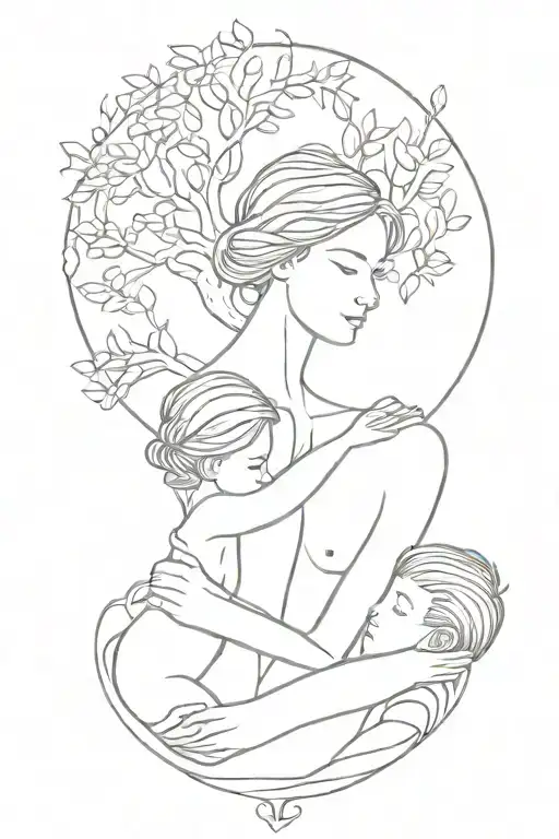 Mother Embracing Boy And Girl Tree Growing