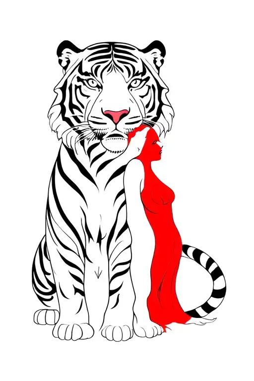 Fullctiger Body With A Fine Line Woman Infront Of The Tiger In Red