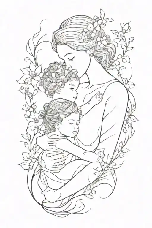 Mother Embracing Children Flowers