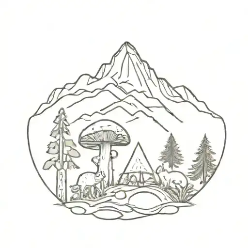 Mushroom And Forest Animals With Mountains
