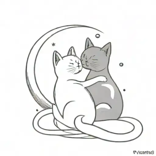 Black Cat Kissing White Cat Sitting On The Moon Phases