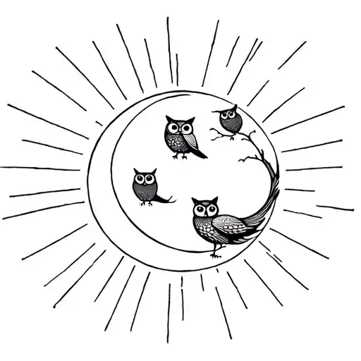 Moon With Rays Of Light With Owls In Japanese Style