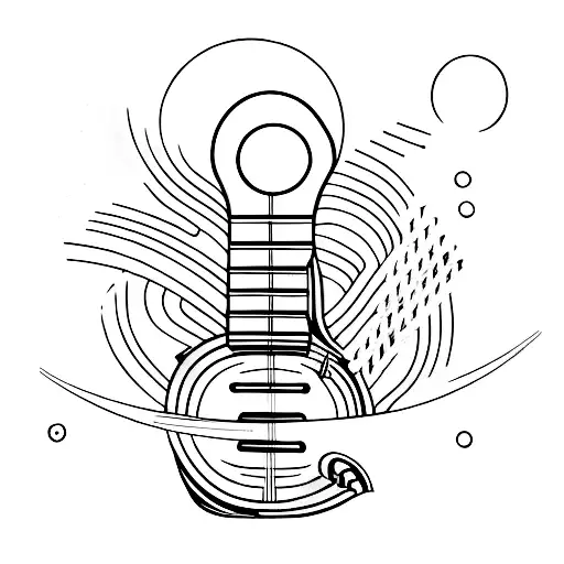 A Minimalist Design Of A Guitar Floating In Space With Saturn In The Background