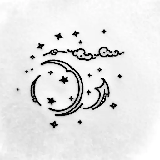 A Dreamy Tattoo Of A Crescent Moon Nestled Among Fluffy Clouds And Twinkling Stars