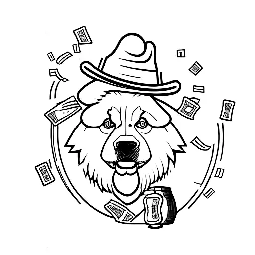 A Samoyed Dog Wearing A Trader's Hat And Surrounded By Whiskey Barrels And Money Bags