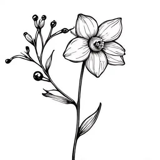 Daffodil Flower Black Berries Intertwined Line Work