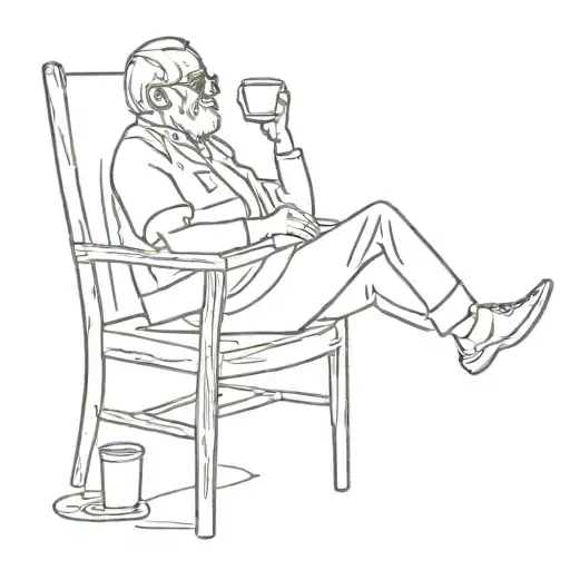 Old Man Sitting On A Chair Spitting Out A Cup Of Coffee With His Legs Stretched