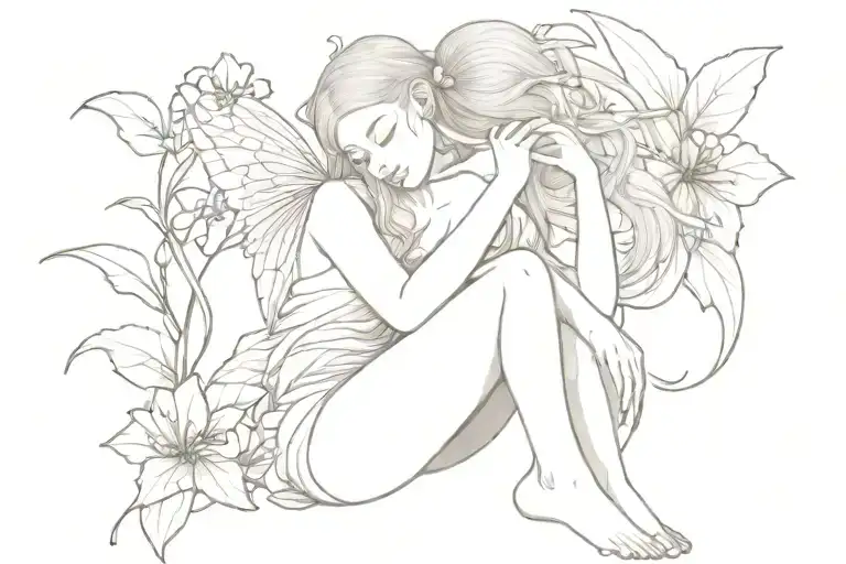 Ethereal Fairy With Her Head Resting In Her Knees Sitting On A Blossoming Flower