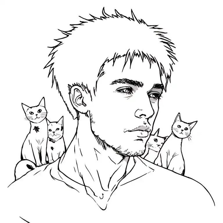 Punk Rock Young Man With Gang Of Cats