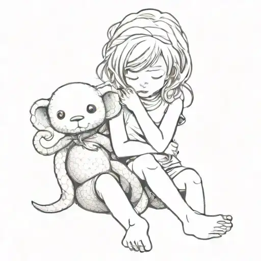 Full Body Child Sad With Medusas Snake Hair And Holding A Teddy