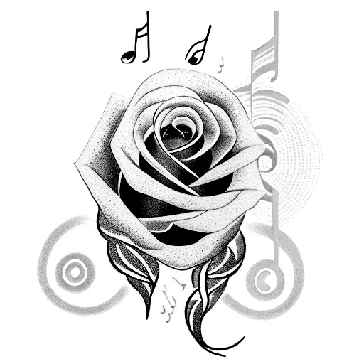 A Dotwork Tattoo Of A Rose Intertwined With Musical Notes