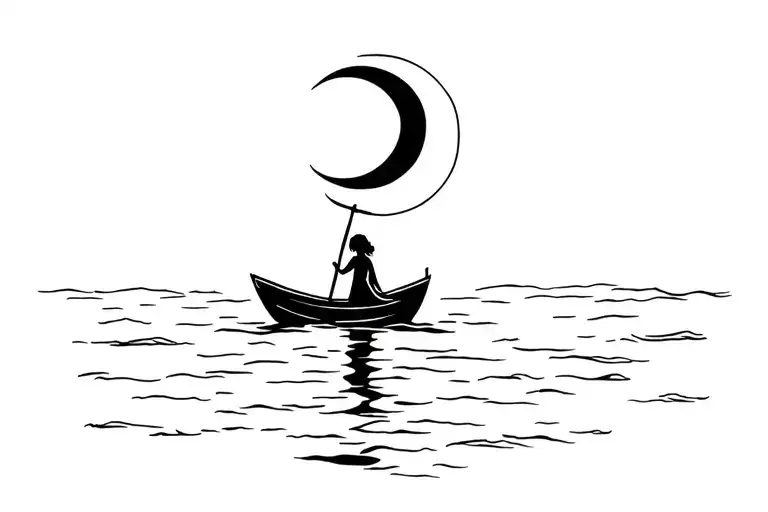 Moon With A Handle Connecting To A Girl In A Boat Underneath