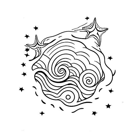 Ocean Wave With Stars And Dog Paw Print And Stingray