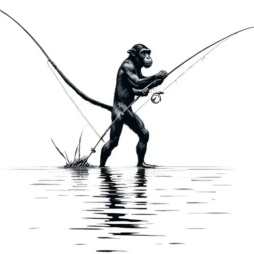 Chimpanzee Fishing On A Lake