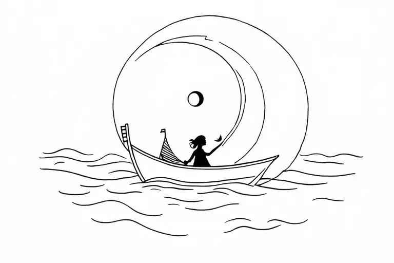 Moon With A Handle Connecting To A Girl In A Boat Underneath
