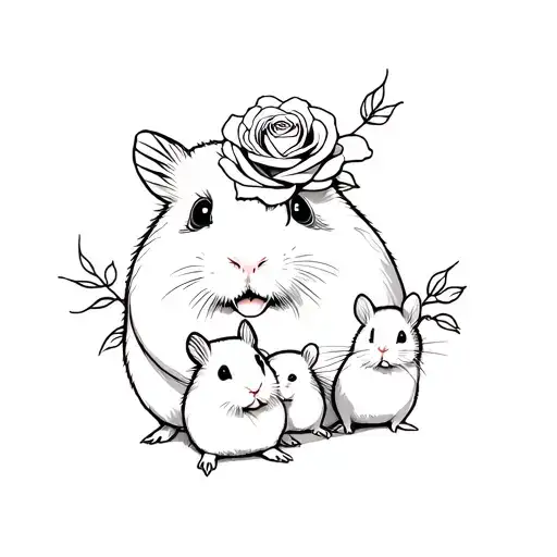 A Guinea Pig With Two Hamsters And A Rose