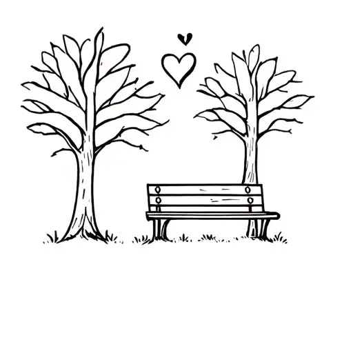 Park Bench Next To A Tree With 2 Hearts Above