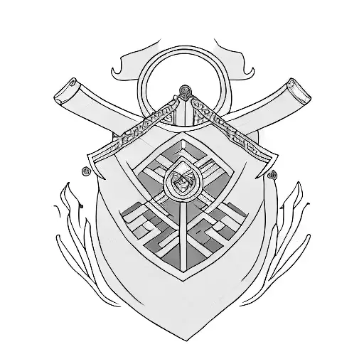 A Minimalist Representation Of A Sword And Shield With Subtle Hints Of The Ocean In The Background