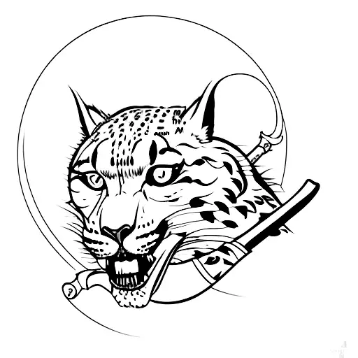 Snow Leopard With A Sword In Its Mouth Walking And Looking Back