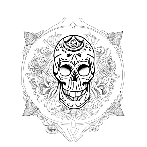 A Knee Tattoo Featuring A Skull Surrounded By Mushrooms In A Circular Design