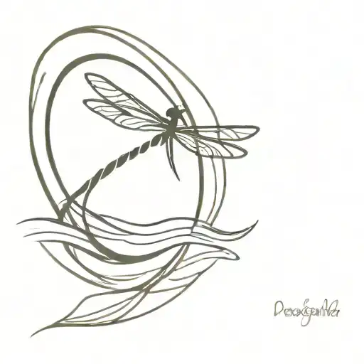 A Minimalist Tattoo Of A Dragonfly Perched On A Peace Sign With Waves Crashing In The Background