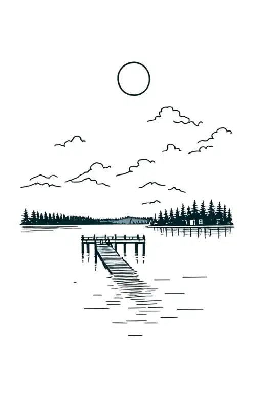 A Lake With A Pier Surrounded By A Forest Landscape