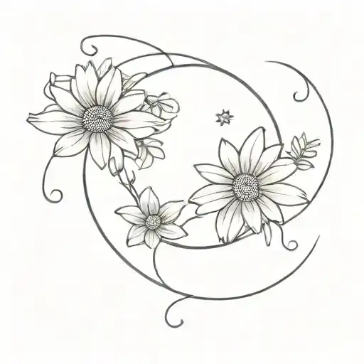 Fine Line Moon With Daisy Flower Intertwined