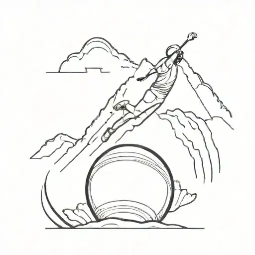 A Minimalist Tattoo Of A Cricket Ball Bouncing On A Mountain Peak With A Dancer In The Foreground