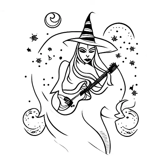 A Witch Playing A Guitar Under A Full Moon With Mystical Symbols Surrounding Her