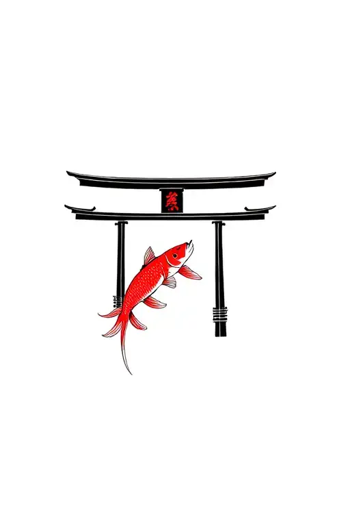 Japanese Tori Gate Blach And Red With Koy Fish