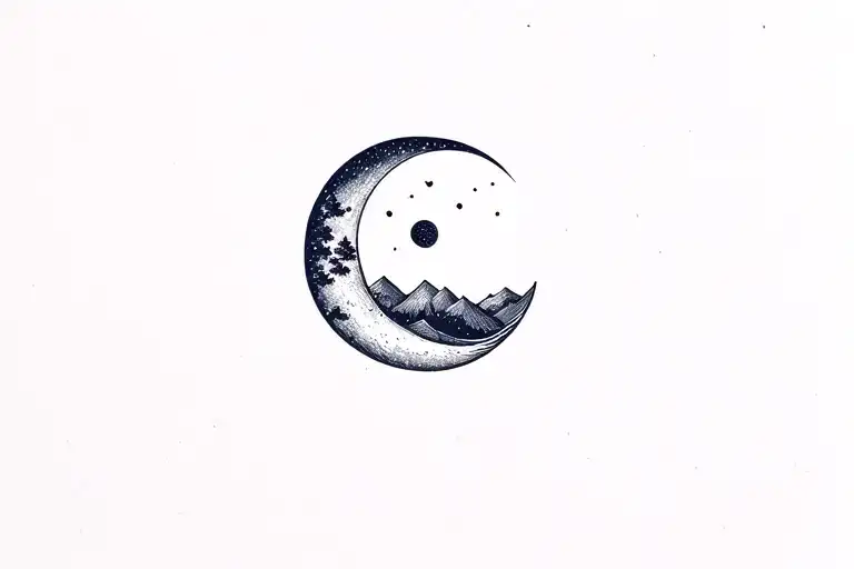Crescent Moon With Landscape Scene With Small Full Moon Above
