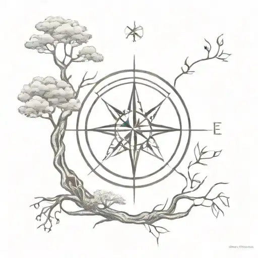 Compass And Tree Of Life Intertwined With Roots As Compass Points