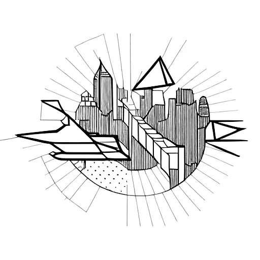 A Minimalist Tattoo Of A Paper Airplane Flying Over A Geometric City Skyline