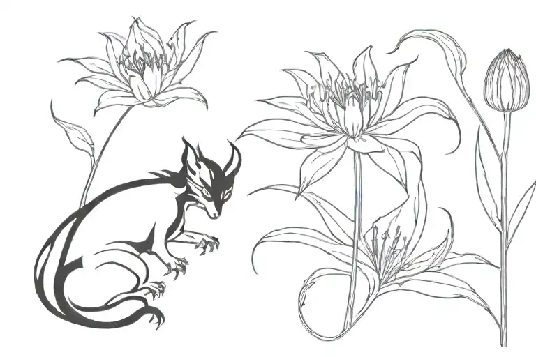 Black Dragon And Black Cat Withred Spider Lily Flower On He Background