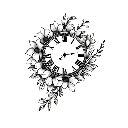 A Minimalist Tattoo Of A Clock With Roman Numeral Numbers Made Out Of Flowers