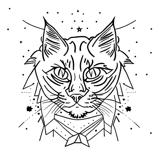 A Minimalist Tattoo Design Of A Maine Coon Cat Playing A Piano Under A Starry Sky