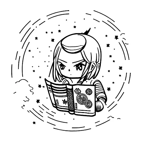 A Minimalist Tattoo Of A Manga-style Character Reading A Comic Book Under A Starry Sky