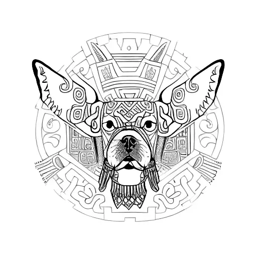 Create A Minimalist Tattoo Of Dog With Aztec And Mayan Patterns Integrated Into The Design