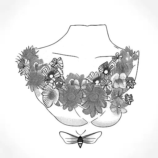 A Woman's Chest With Flowers And A Moth