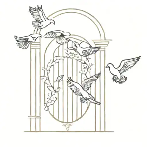 Renaissance Gates Doves Flying Black And White With Leaf Border