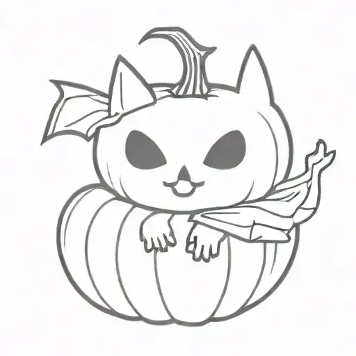 Ghost Holding Black Cat Next To Pumpkin And Flying Bat