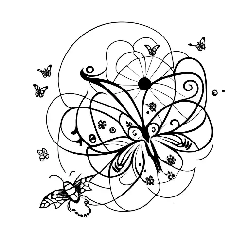 Fine Line Spine Tattoo With Small Black Flowers With Butterflies