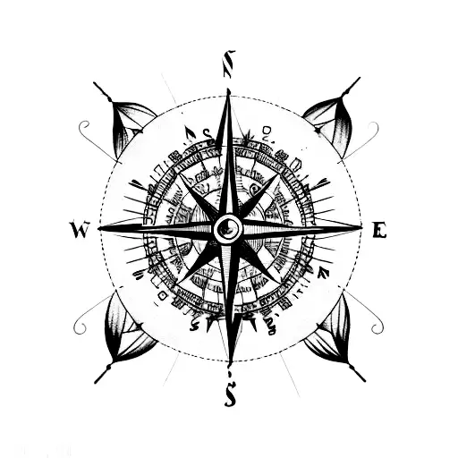 Compass Inside A Dream Catcher With Arrows Pointing Up And Feathers