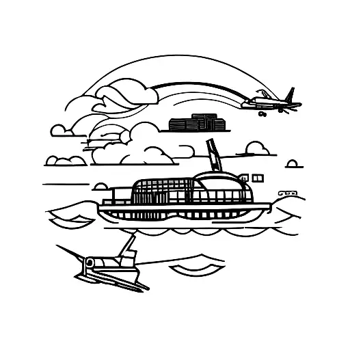 Plane Ferry Boat And Bus Connected By A Line Travel