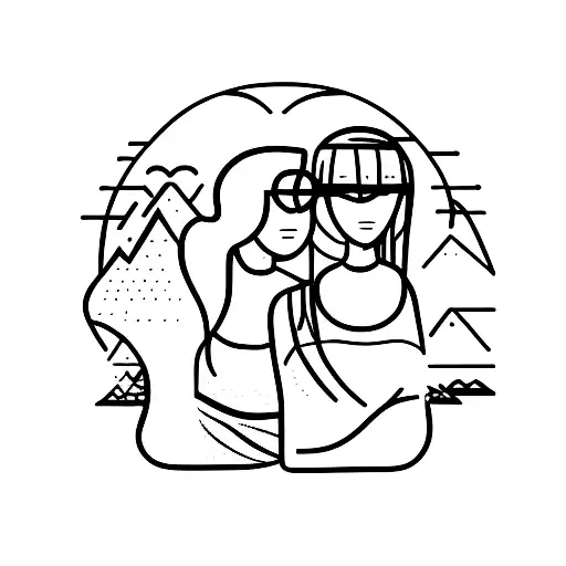 A Minimalist Design Of A Mother And Daughter Silhouette With A Mountain Landscape In The Background