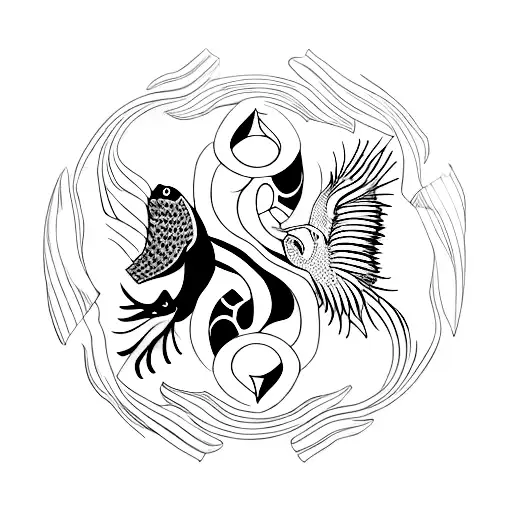 A Yingyang Symbol With A Fish And Eagle Intertwined In A Dynamic Composition