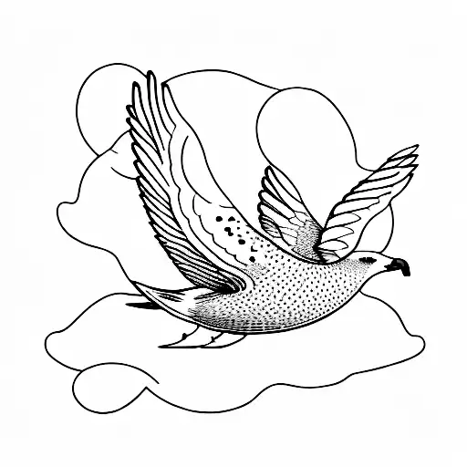 A Dotwork Tattoo Of A Seagull Flying Over A Calm Ocean At Sunset