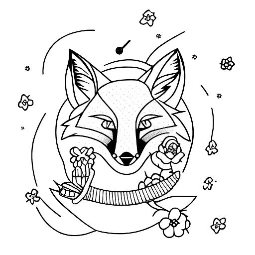 A Minimalist Tattoo Of A Fox With A Karaoke Microphone Singing Among A Field Of Flowers