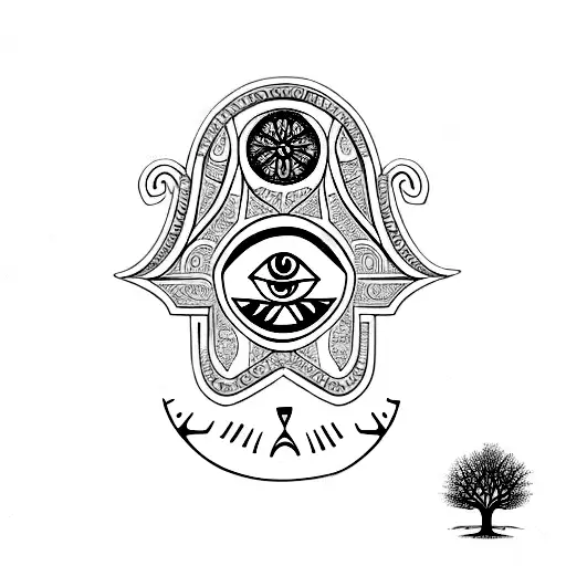 Hamsa Symbol With Evil Eye Inside And Tree Of Life Wrapepd Inside With Stump As The Wrist