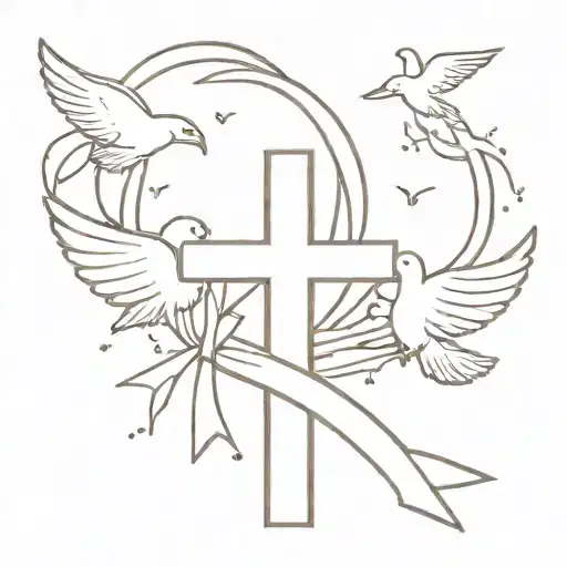 Wooden Cross With Cancer Ribbon In Background With Doves Flying Away From The Top Of The Cross